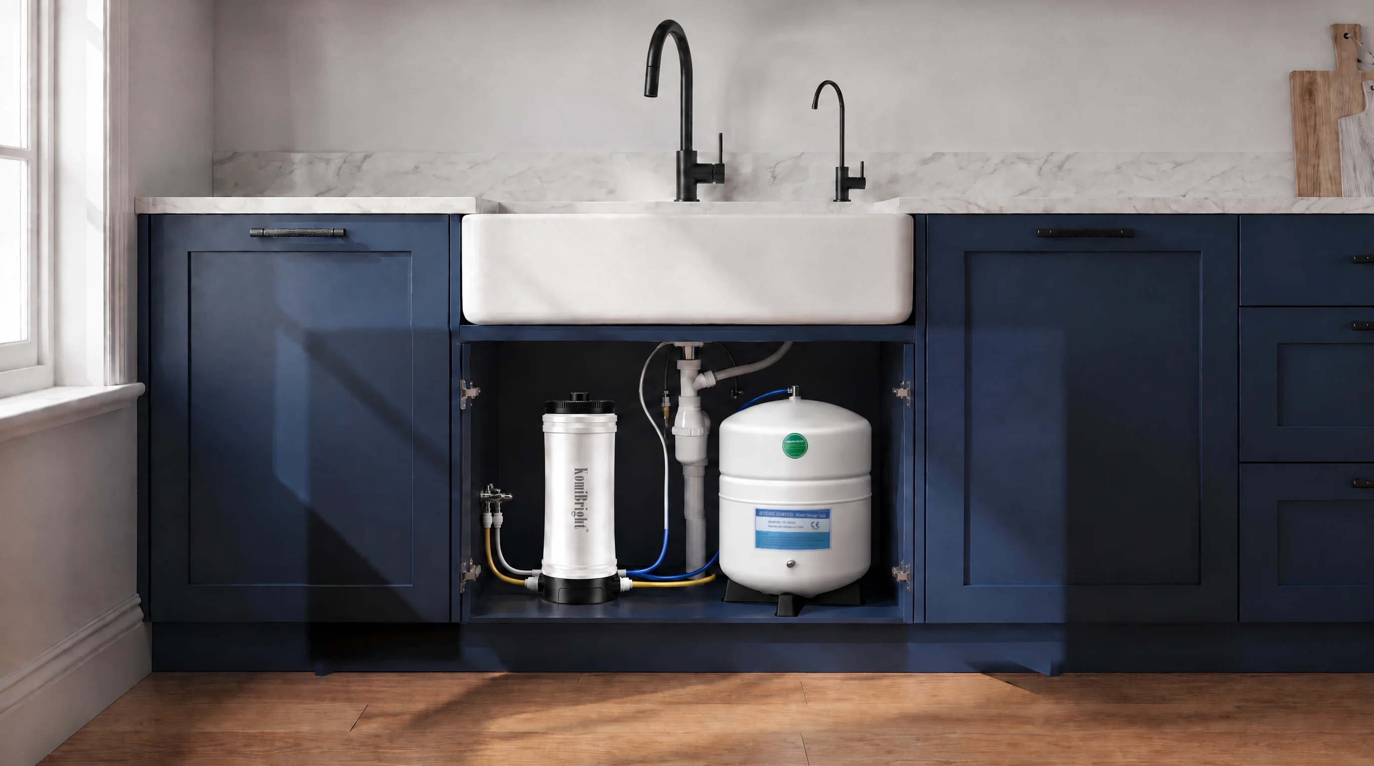A KomiBright system installed in the cupboard under a kitchen sink