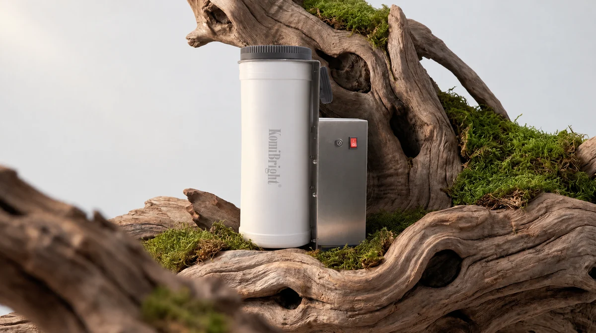 A KomiBright A95R standing on mossy driftwood.